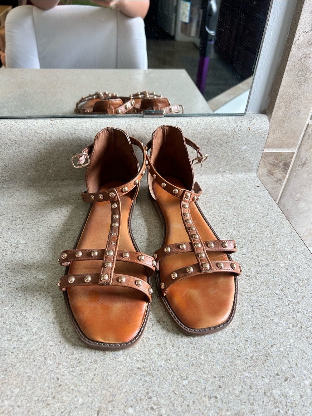 BAMBOO Brown Studded T-Strap Women's Sandals